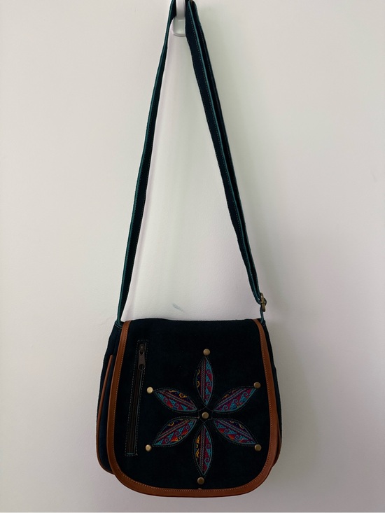 Handbags - Embroidered Navy Blue Suede Crossbody Bag with Brown Trim - Made in Ecuador